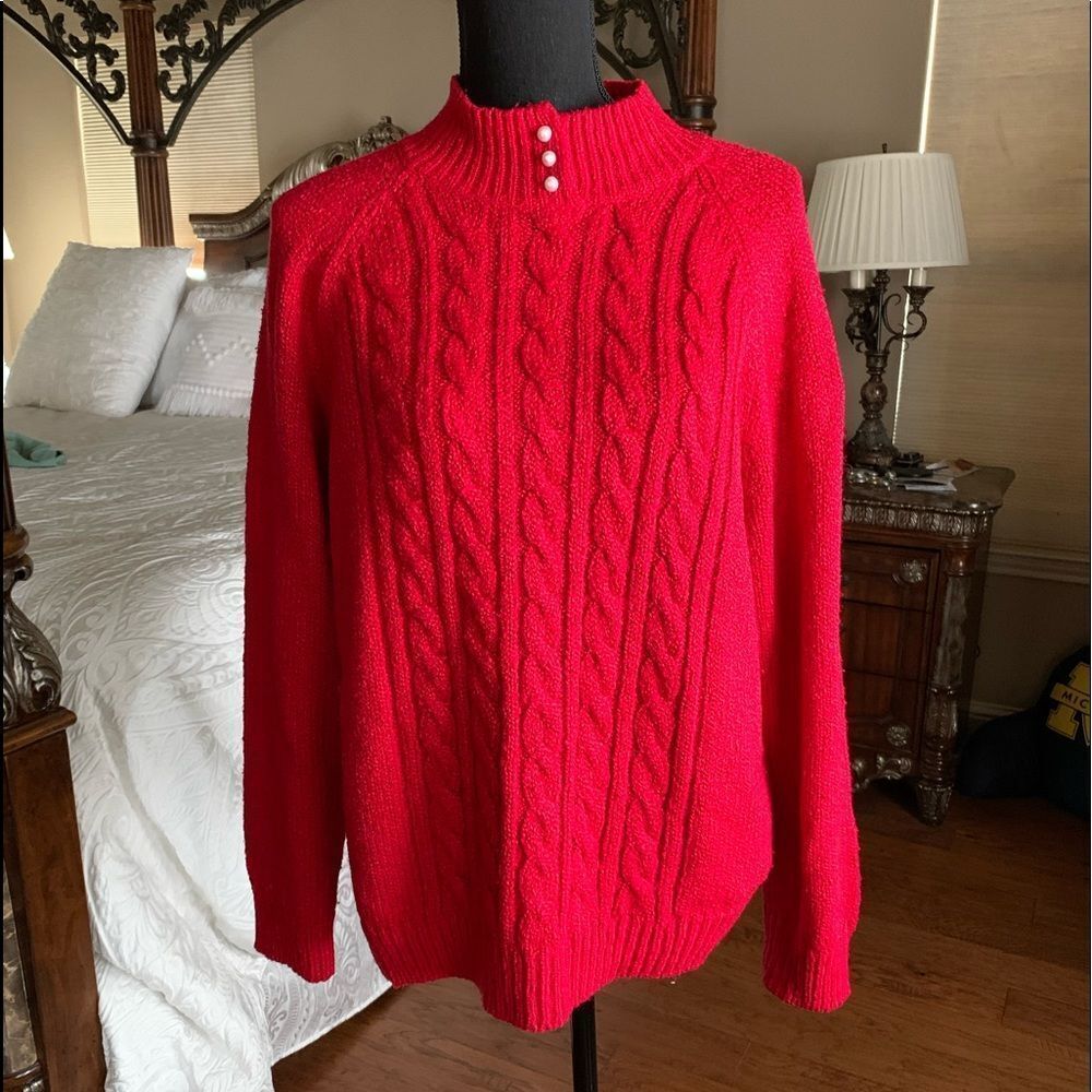 Karen Scott Red‎ Cable Knit Pearl Detail Sweater